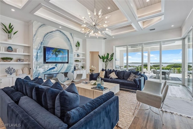 living room featuring built in features, coffered ceiling, beamed ceiling, wood finished floors, and a chandelier