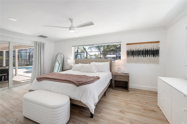 418 Germain Ave, Naples, FL 34108 - bedroom with access to exterior, crown molding, multiple windows, light wood-style floors, and ceiling fan