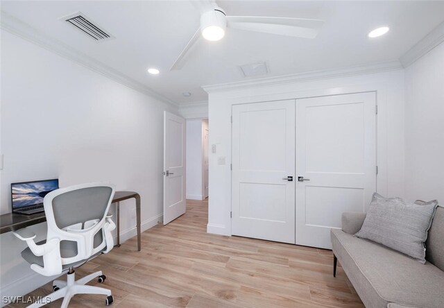 418 Germain Ave, Naples, FL 34108 - office area featuring ornamental molding, light wood-style flooring, recessed lighting, and baseboards