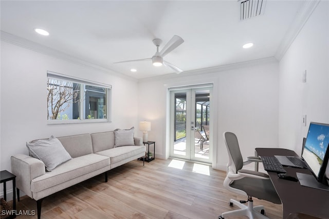 418 Germain Ave, Naples, FL 34108 - office featuring ornamental molding, healthy amount of natural light, a ceiling fan, light wood-style flooring, and baseboards