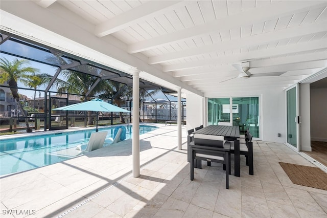 418 Germain Ave, Naples, FL 34108 - swimming pool featuring a patio, ceiling fan, outdoor dining space, and a lanai