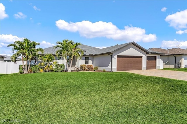 ranch-style house with a front yard and a garage