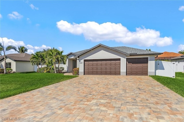 view of front of house with a front lawn and a garage