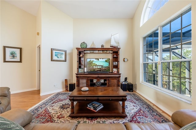 12206 Siesta Dr, Fort Myers Beach, FL 33931 - living room featuring wood finished floors and a towering ceiling