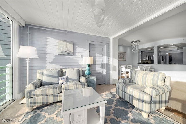 living area featuring wood ceiling