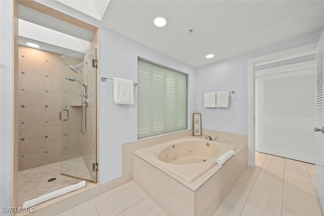 full bathroom featuring a whirlpool tub, a stall shower, recessed lighting, and tile patterned floors