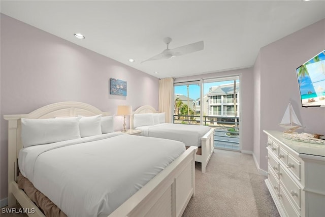 bedroom with light carpet, baseboards, a ceiling fan, access to exterior, and recessed lighting