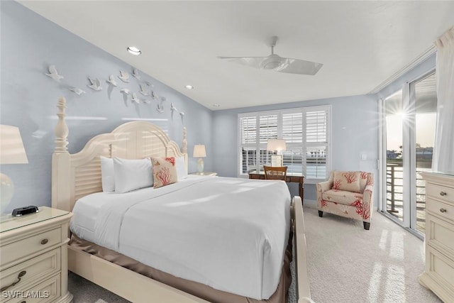 bedroom featuring ceiling fan, recessed lighting, light colored carpet, and access to exterior