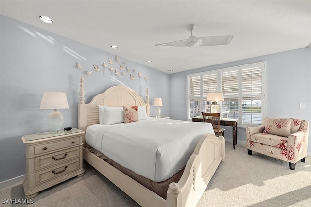 bedroom with recessed lighting, light colored carpet, ceiling fan, and baseboards