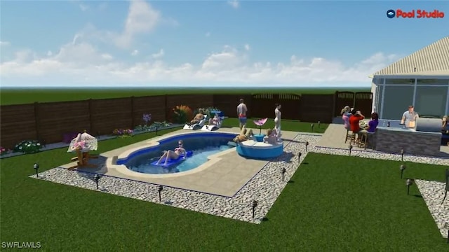 pool featuring a lawn, fence, and a patio