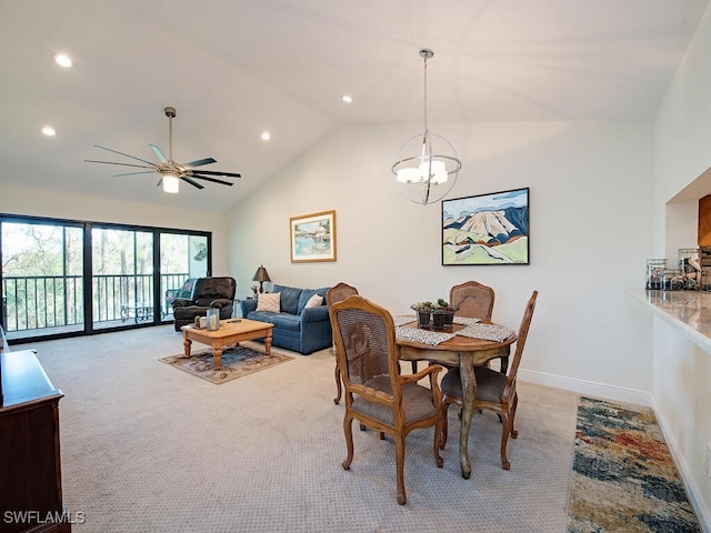 dining area featuring baseboards, high vaulted ceiling, recessed lighting, and light colored carpet