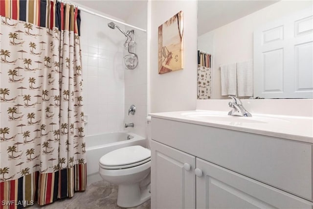 full bathroom featuring shower / bath combo, vanity, and toilet