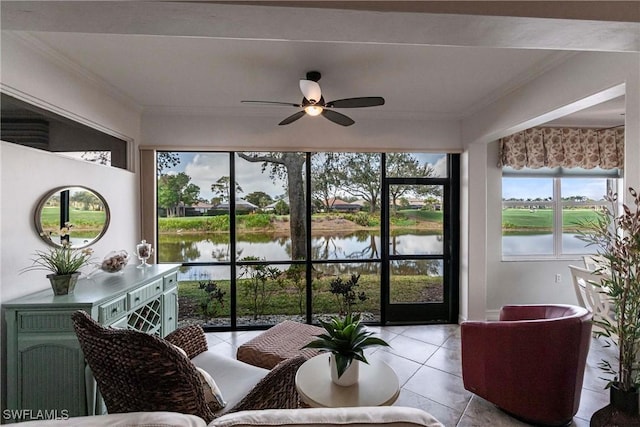 sunroom with a water view