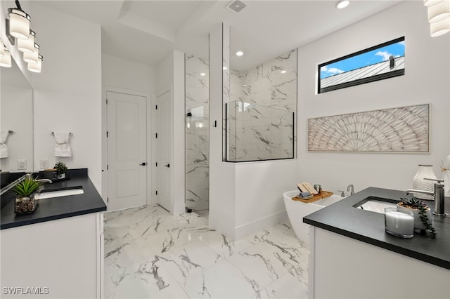 bathroom with a marble finish shower, a sink, marble finish floor, two vanities, and recessed lighting