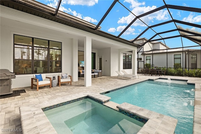 exterior space with a patio, glass enclosure, an outdoor living space, a pool with connected hot tub, and grilling area