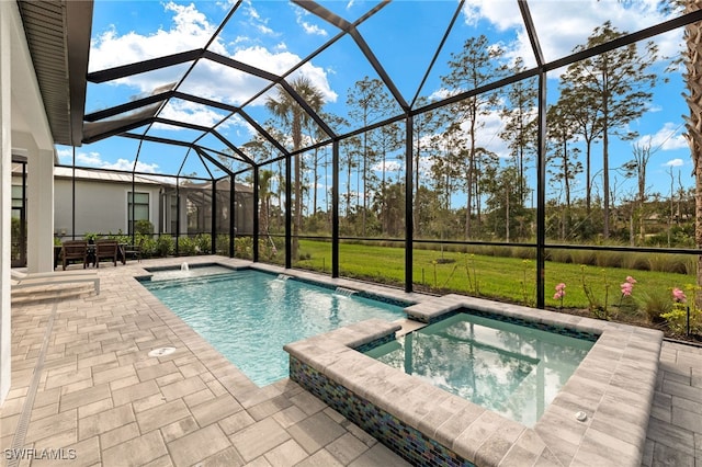 view of swimming pool with a lanai, a patio area, a pool with connected hot tub, and a yard