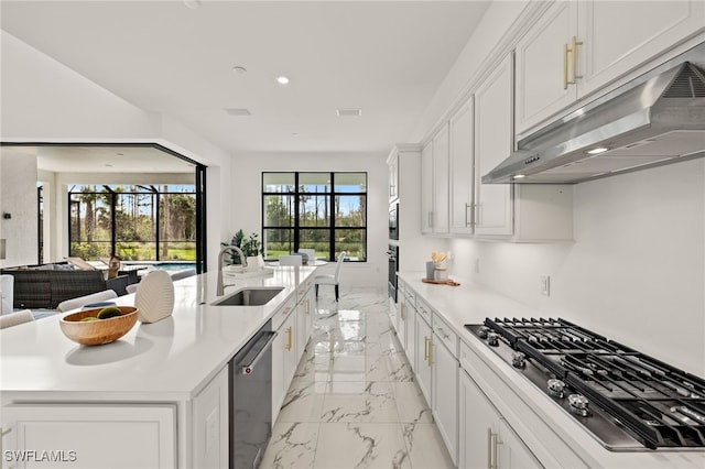 kitchen featuring marble finish floor, stainless steel appliances, light countertops, a sink, and under cabinet range hood