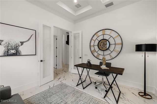 office featuring marble finish floor, baseboards, and visible vents