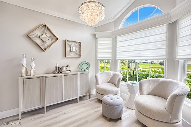 16380 Kelly Woods Dr, Fort Myers, FL 33908 - living area featuring crown molding, a healthy amount of sunlight, a chandelier, and light wood-type flooring