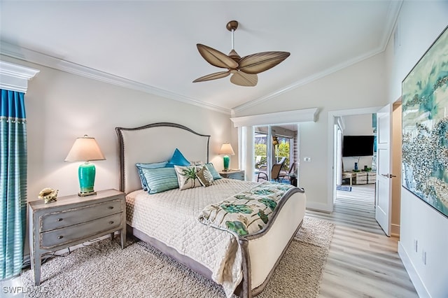 16380 Kelly Woods Dr, Fort Myers, FL 33908 - bedroom featuring crown molding, ceiling fan, access to exterior, light hardwood / wood-style floors, and vaulted ceiling