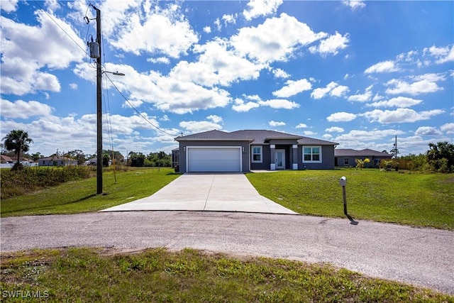 ranch-style home with a front lawn and a garage