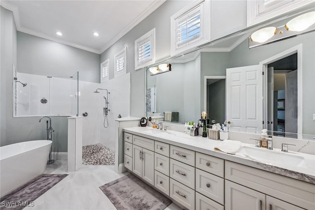 bathroom featuring crown molding, vanity, and plus walk in shower