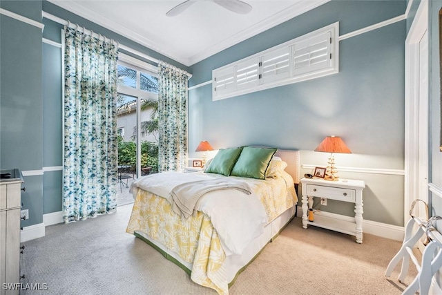 bedroom with crown molding, light carpet, access to exterior, and ceiling fan