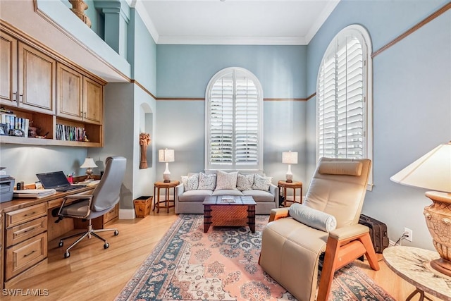 office space featuring ornamental molding and light hardwood / wood-style flooring