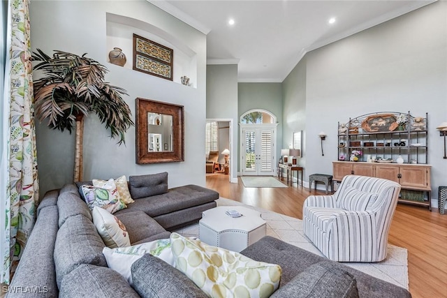 living room featuring crown molding, a towering ceiling, and light hardwood / wood-style flooring