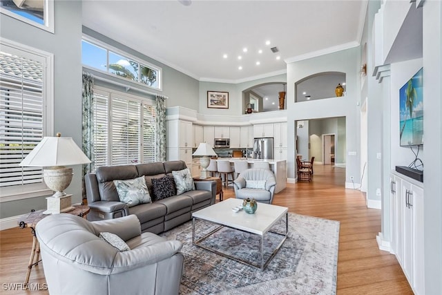 living room featuring crown molding, a towering ceiling, and light wood-type flooring