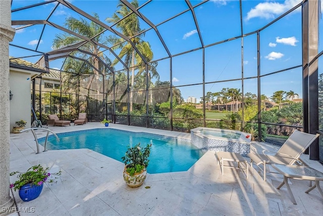 view of swimming pool featuring an in ground hot tub, a lanai, and a patio