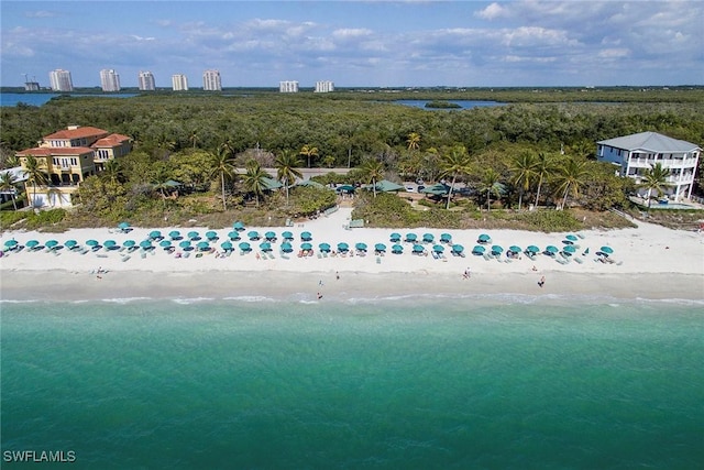 drone / aerial view with a view of the beach and a water view