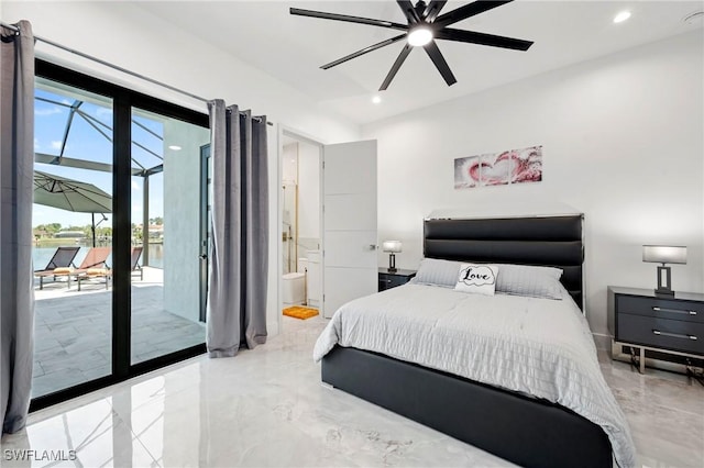 413 SW 46th Ter, Cape Coral, FL 33914 - bedroom featuring access to exterior, connected bathroom, ceiling fan, recessed lighting, and marble finish floor