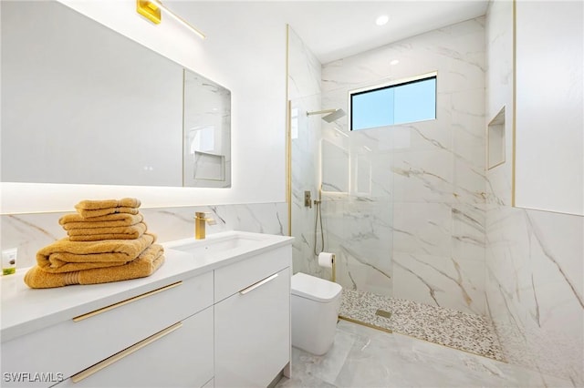 413 SW 46th Ter, Cape Coral, FL 33914 - full bathroom featuring vanity, a marble finish shower, tile walls, toilet, and marble finish floor