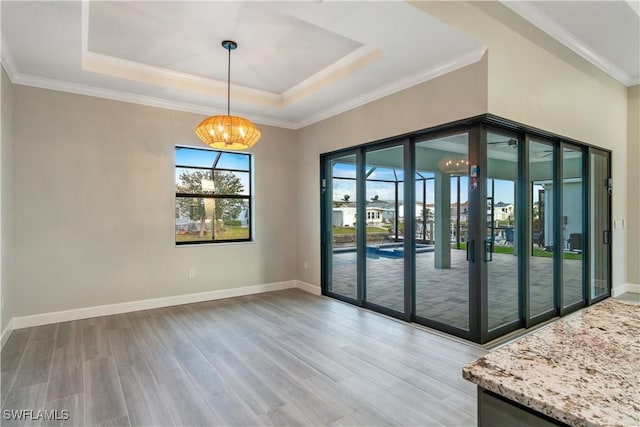 4320 Vasco St, Punta Gorda, FL 33950 - unfurnished room featuring baseboards, a tray ceiling, wood finished floors, and an inviting chandelier