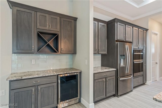 4320 Vasco St, Punta Gorda, FL 33950 - kitchen featuring beverage cooler, light stone counters, ornamental molding, stainless steel refrigerator with ice dispenser, and backsplash