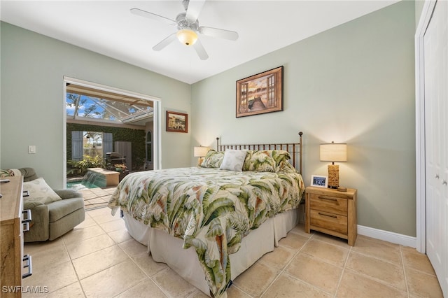 bedroom with a ceiling fan, access to outside, baseboards, and light tile patterned floors