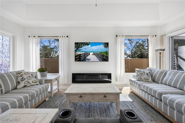 living area featuring a tray ceiling and a glass covered fireplace