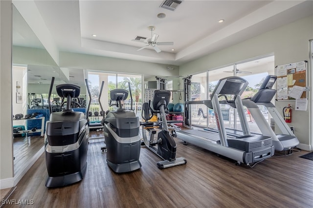 exercise room featuring recessed lighting, a raised ceiling, visible vents, a ceiling fan, and wood finished floors