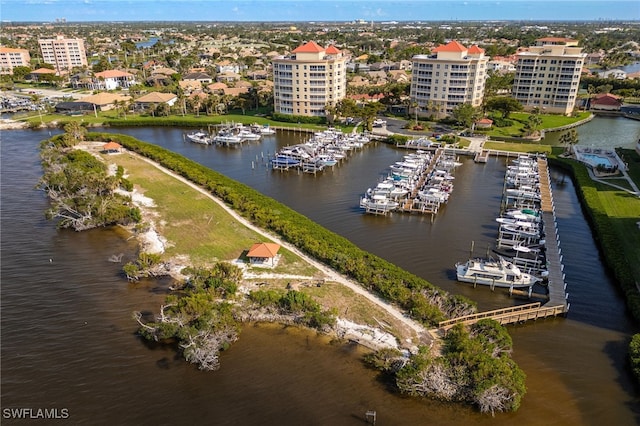 aerial view featuring a water view and a view of city