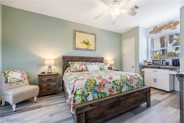 bedroom with ceiling fan, light wood finished floors, and visible vents