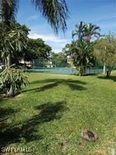 view of property's community with a water view and a lawn