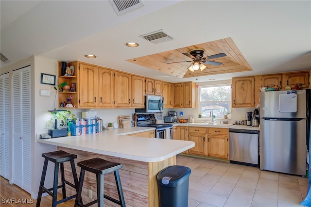 373 Hile Ln, Punta Gorda, FL 33982 - kitchen featuring appliances with stainless steel finishes, a raised ceiling, a peninsula, light countertops, and a sink