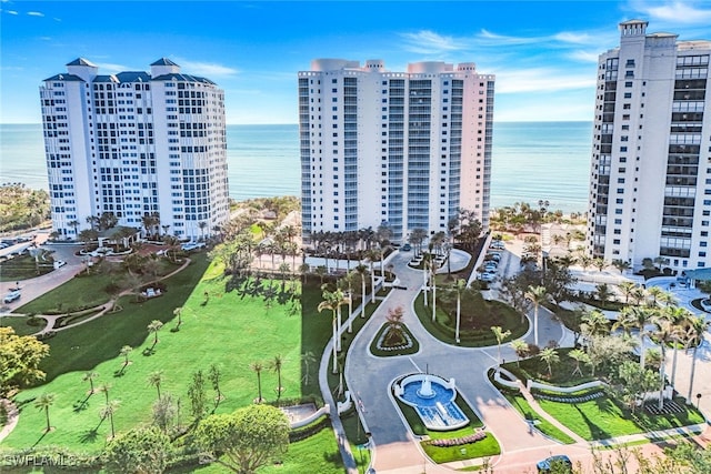 aerial view featuring a water view