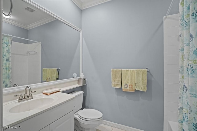 bathroom featuring toilet, vanity, visible vents, ornamental molding, and tile patterned floors