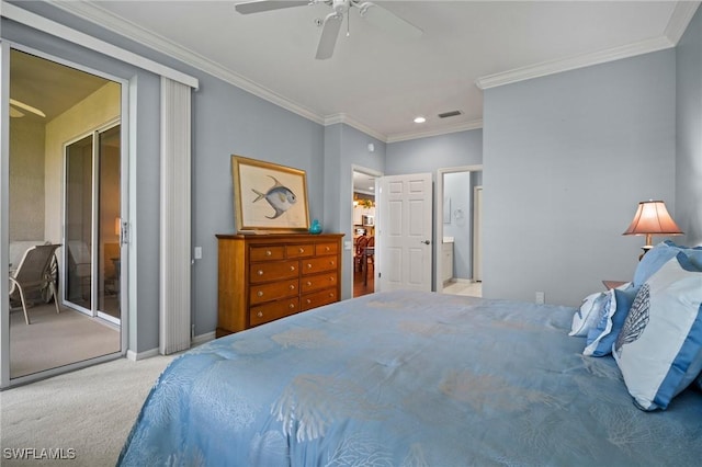 carpeted bedroom with visible vents, baseboards, ceiling fan, ornamental molding, and access to exterior