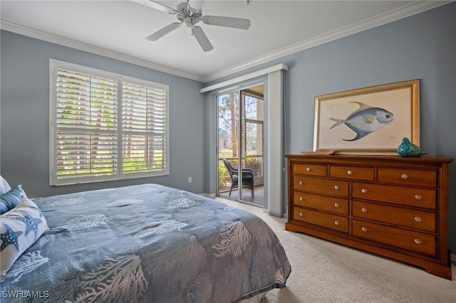 carpeted bedroom with crown molding, a ceiling fan, and access to exterior