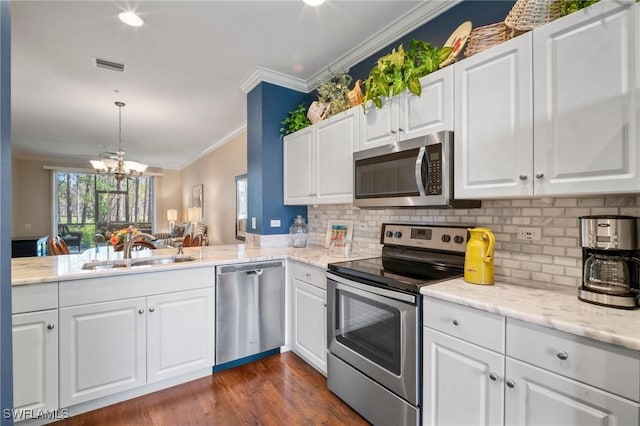 kitchen featuring crown molding, visible vents, appliances with stainless steel finishes, dark wood-type flooring, and a sink