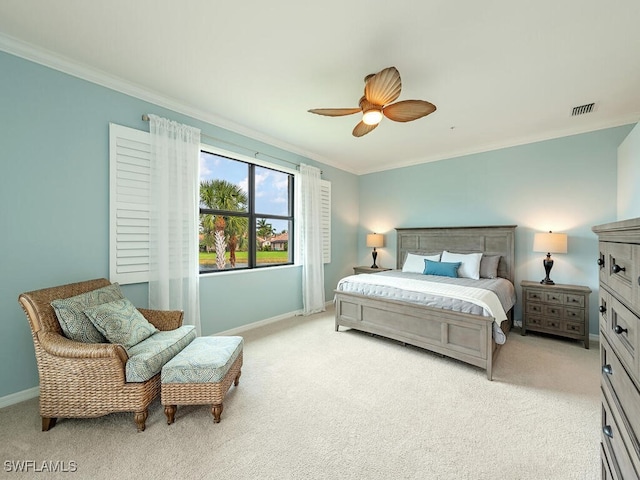 bedroom with light carpet, baseboards, visible vents, a ceiling fan, and crown molding