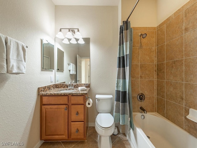 full bathroom featuring vanity, tile patterned flooring, toilet, and shower / bathtub combination with curtain